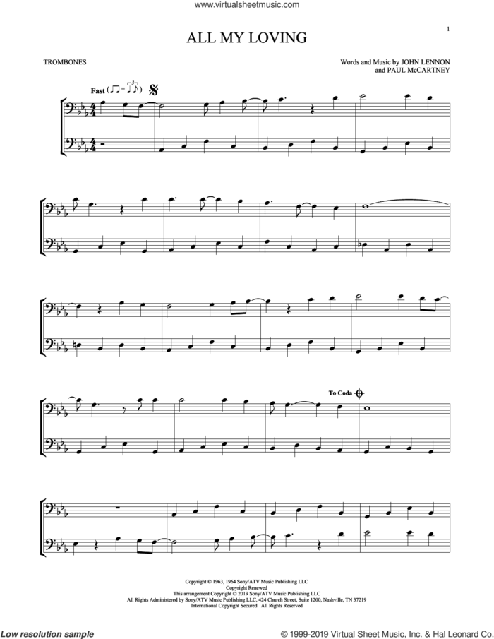 All My Loving sheet music for two trombones (duet, duets) by The Beatles, John Lennon and Paul McCartney, intermediate skill level