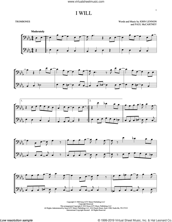 I Will sheet music for two trombones (duet, duets) by The Beatles, John Lennon and Paul McCartney, intermediate skill level