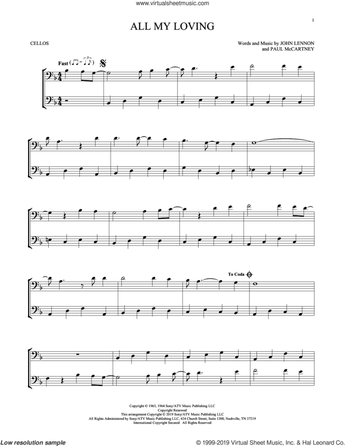 All My Loving sheet music for two cellos (duet, duets) by The Beatles, John Lennon and Paul McCartney, intermediate skill level