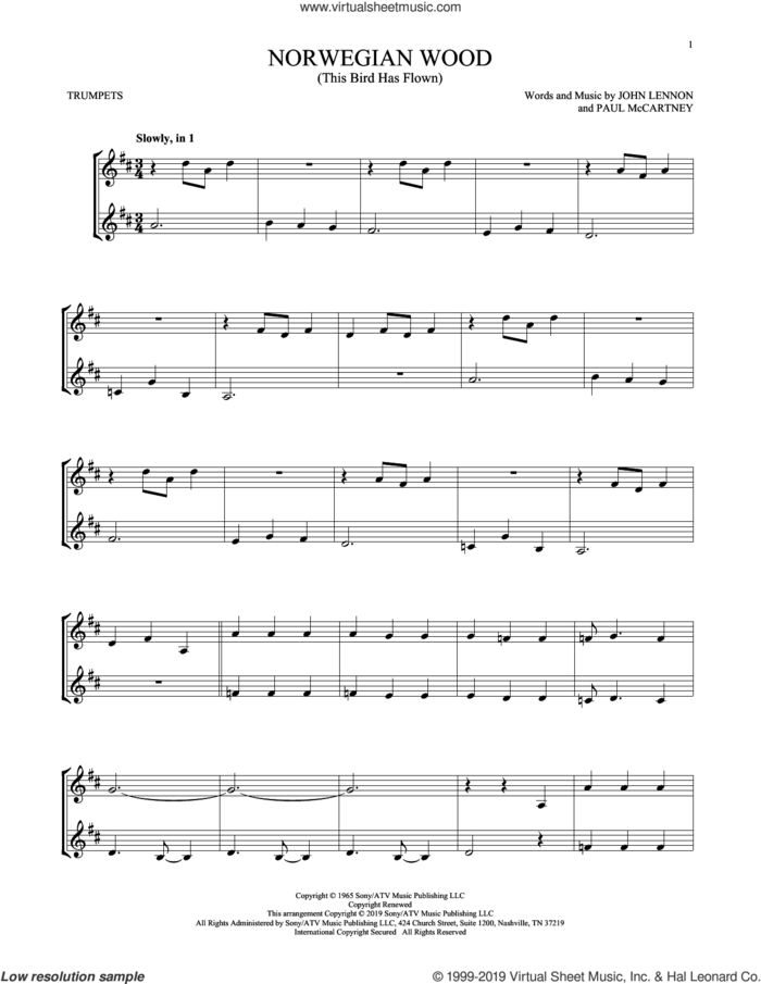 Norwegian Wood (This Bird Has Flown) sheet music for two trumpets (duet, duets) by The Beatles, John Lennon and Paul McCartney, intermediate skill level