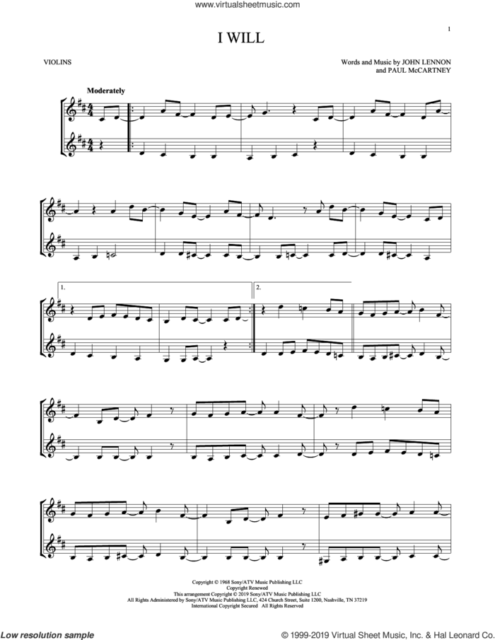 I Will sheet music for two violins (duets, violin duets) by The Beatles, John Lennon and Paul McCartney, wedding score, intermediate skill level
