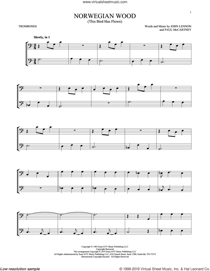 Norwegian Wood (This Bird Has Flown) sheet music for two trombones (duet, duets) by The Beatles, John Lennon and Paul McCartney, intermediate skill level