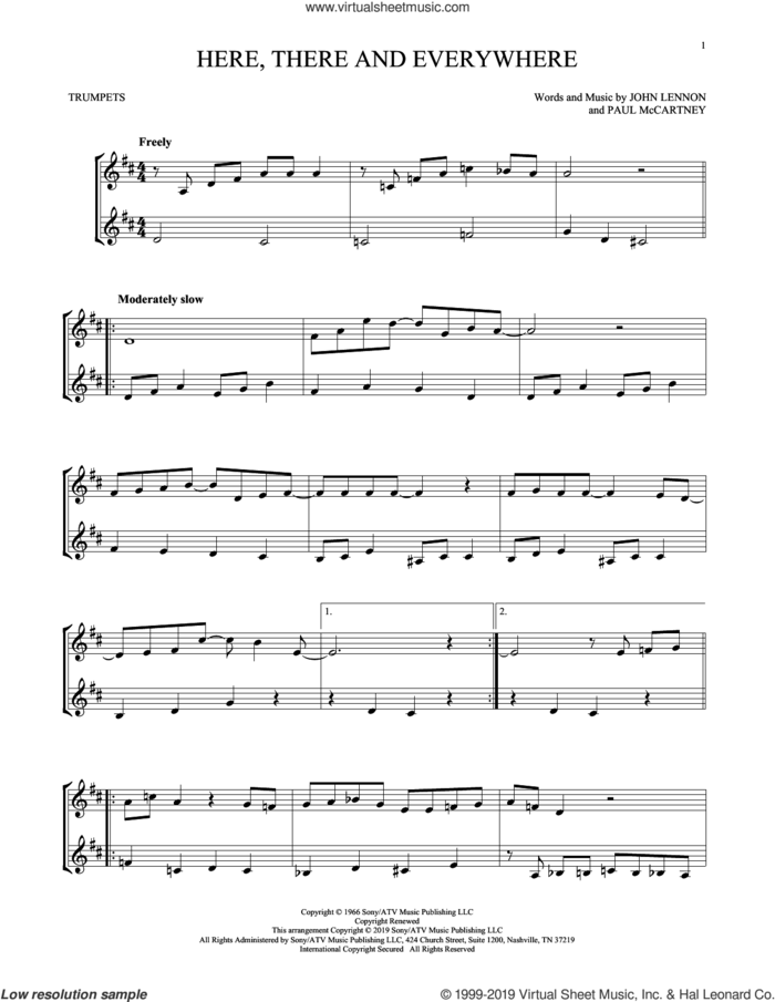 Here, There And Everywhere sheet music for two trumpets (duet, duets) by The Beatles, John Lennon and Paul McCartney, wedding score, intermediate skill level