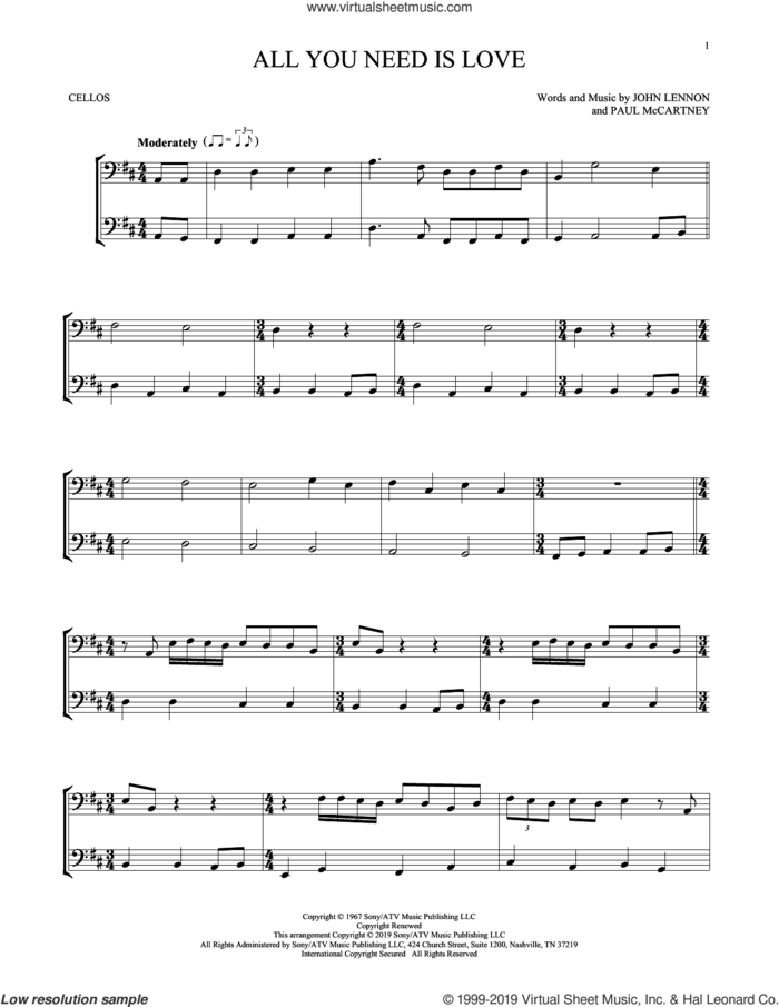 All You Need Is Love sheet music for two cellos (duet, duets) by The Beatles, John Lennon and Paul McCartney, wedding score, intermediate skill level
