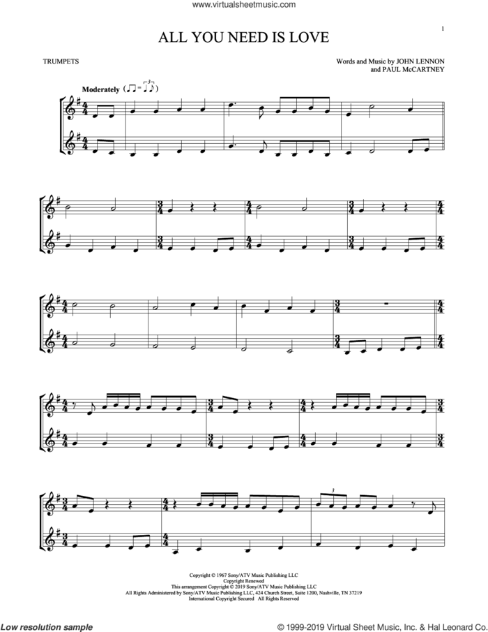 All You Need Is Love sheet music for two trumpets (duet, duets) by The Beatles, John Lennon and Paul McCartney, wedding score, intermediate skill level