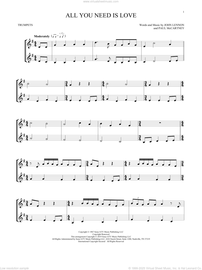 All You Need Is Love sheet music for two trumpets (duet, duets) by The Beatles, John Lennon and Paul McCartney, wedding score, intermediate skill level