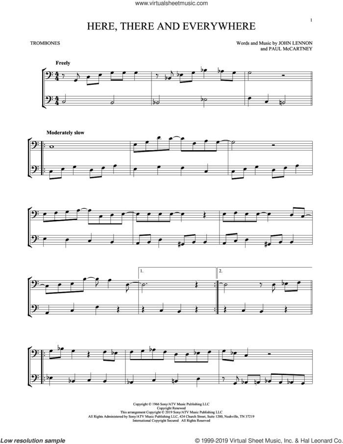 Here, There And Everywhere sheet music for two trombones (duet, duets) by The Beatles, John Lennon and Paul McCartney, wedding score, intermediate skill level