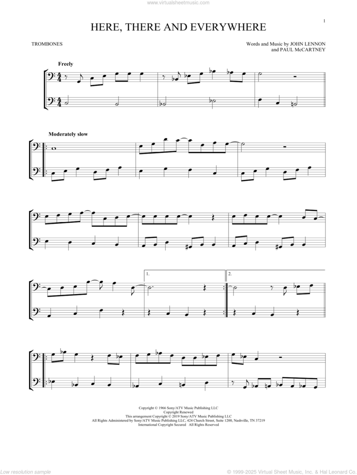 Here, There And Everywhere sheet music for two trombones (duet, duets) by The Beatles, John Lennon and Paul McCartney, wedding score, intermediate skill level