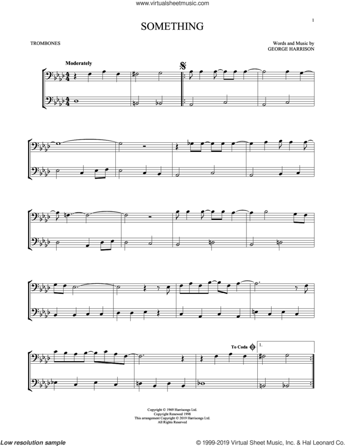 Something sheet music for two trombones (duet, duets) by The Beatles and George Harrison, intermediate skill level