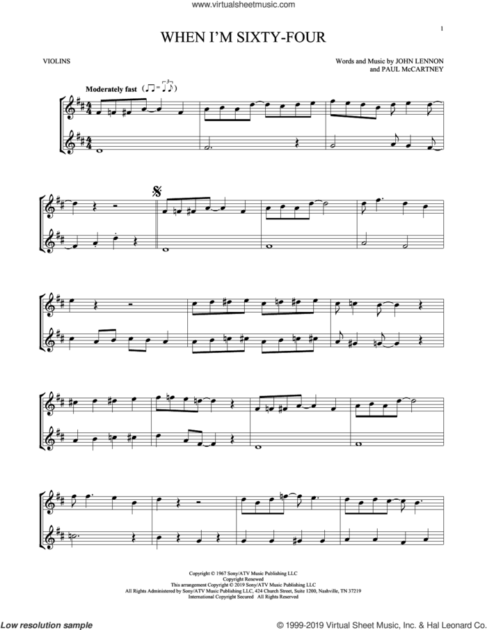 When I'm Sixty-Four sheet music for two violins (duets, violin duets) by The Beatles, John Lennon and Paul McCartney, intermediate skill level