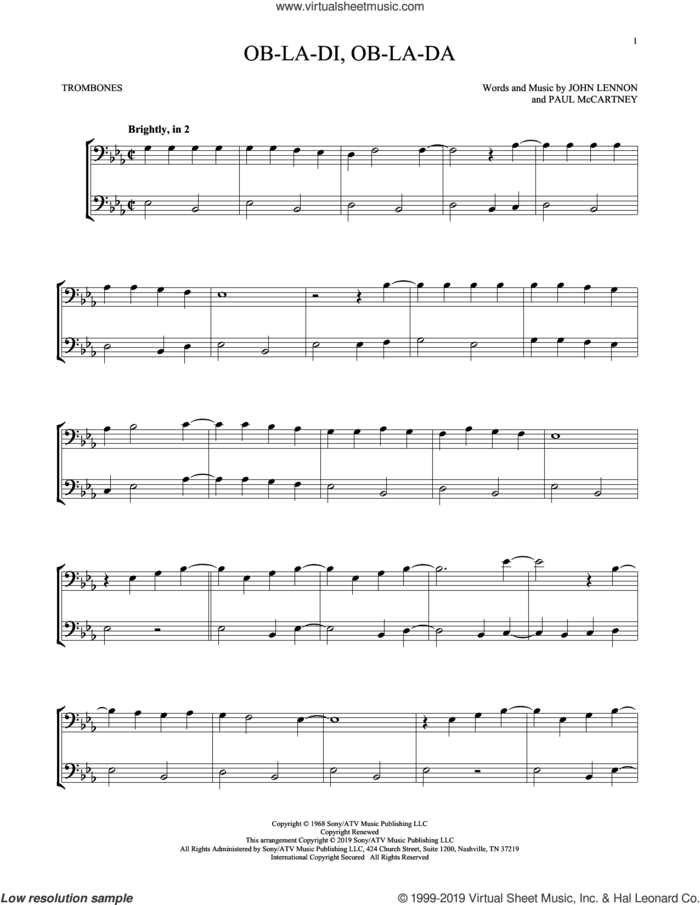 Ob-La-Di, Ob-La-Da sheet music for two trombones (duet, duets) by The Beatles, John Lennon and Paul McCartney, intermediate skill level