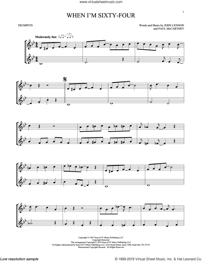 When I'm Sixty-Four sheet music for two trumpets (duet, duets) by The Beatles, John Lennon and Paul McCartney, intermediate skill level