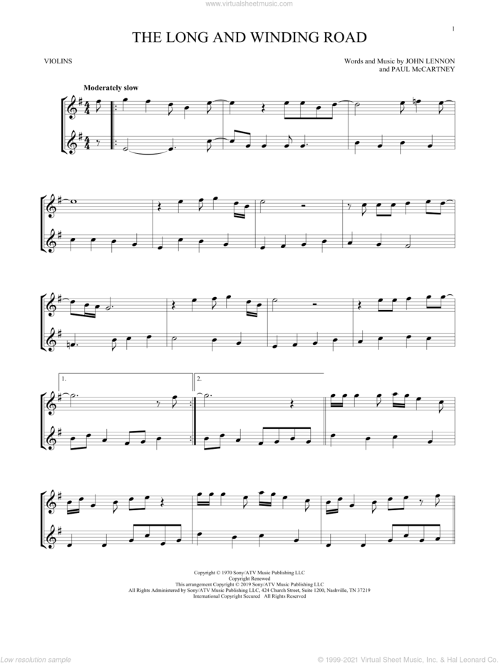 The Long And Winding Road sheet music for two violins (duets, violin duets) by The Beatles, John Lennon and Paul McCartney, intermediate skill level