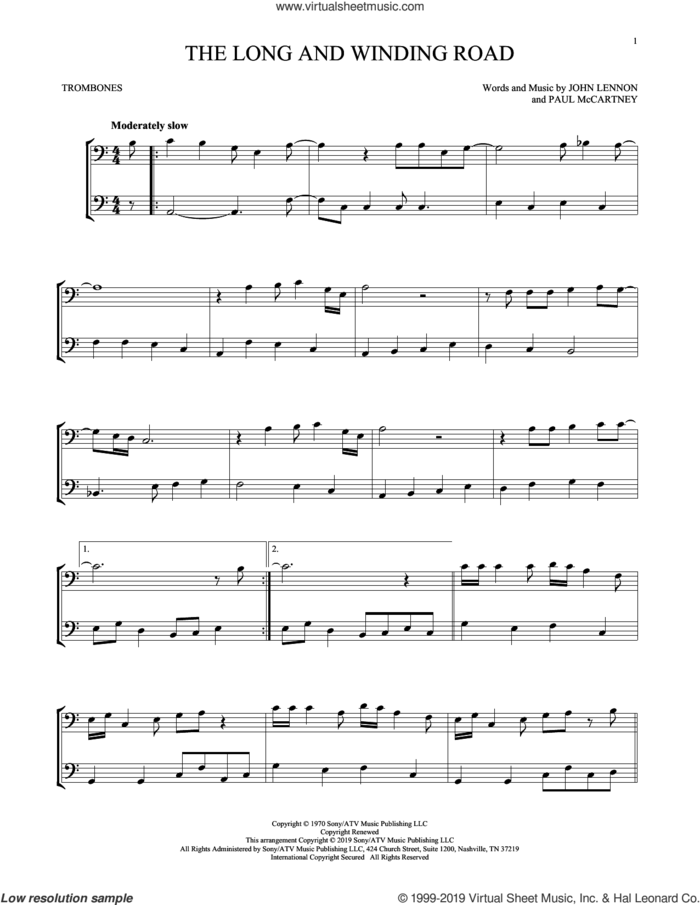 The Long And Winding Road sheet music for two trombones (duet, duets) by The Beatles, John Lennon and Paul McCartney, intermediate skill level