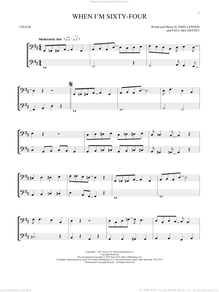 When I'm Sixty-Four sheet music for two cellos (duet, duets) by The Beatles, John Lennon and Paul McCartney, intermediate skill level