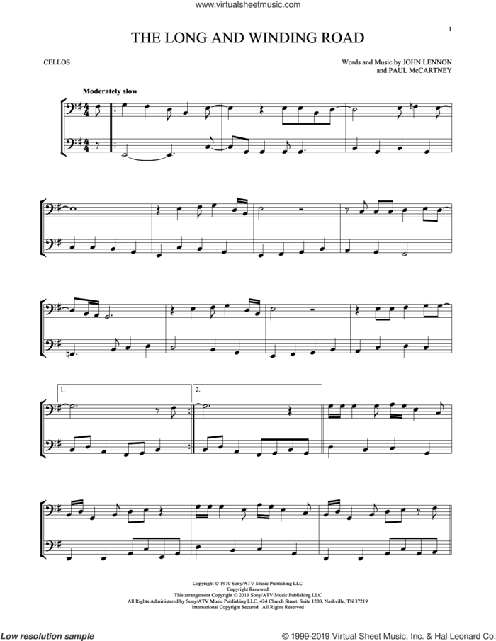 The Long And Winding Road sheet music for two cellos (duet, duets) by The Beatles, John Lennon and Paul McCartney, intermediate skill level