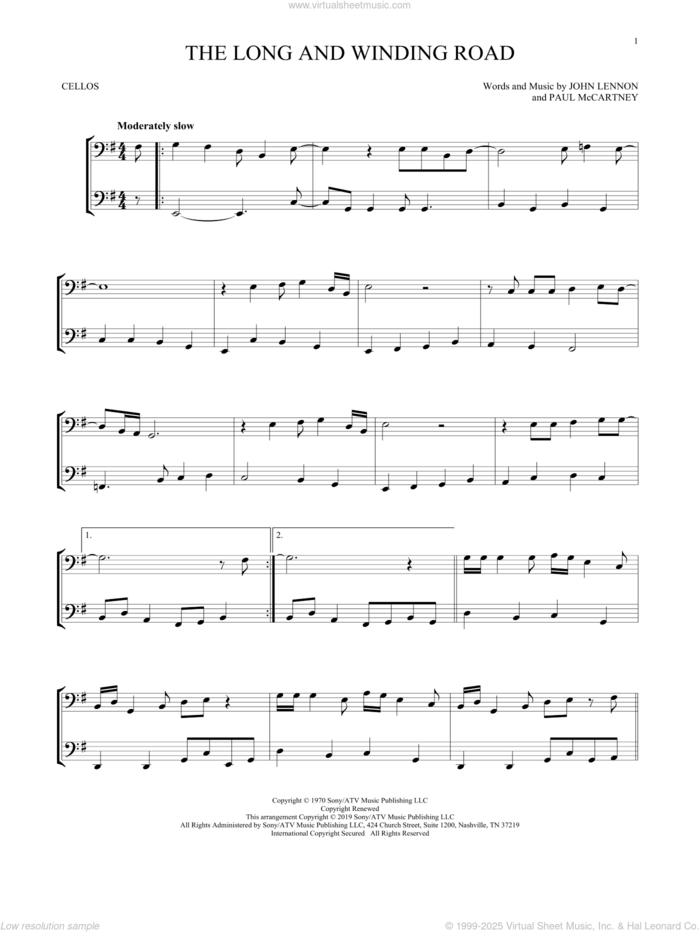 The Long And Winding Road sheet music for two cellos (duet, duets) by The Beatles, John Lennon and Paul McCartney, intermediate skill level