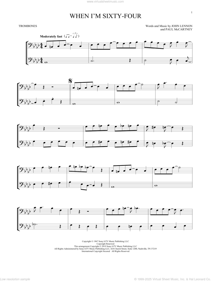 When I'm Sixty-Four sheet music for two trombones (duet, duets) by The Beatles, John Lennon and Paul McCartney, intermediate skill level