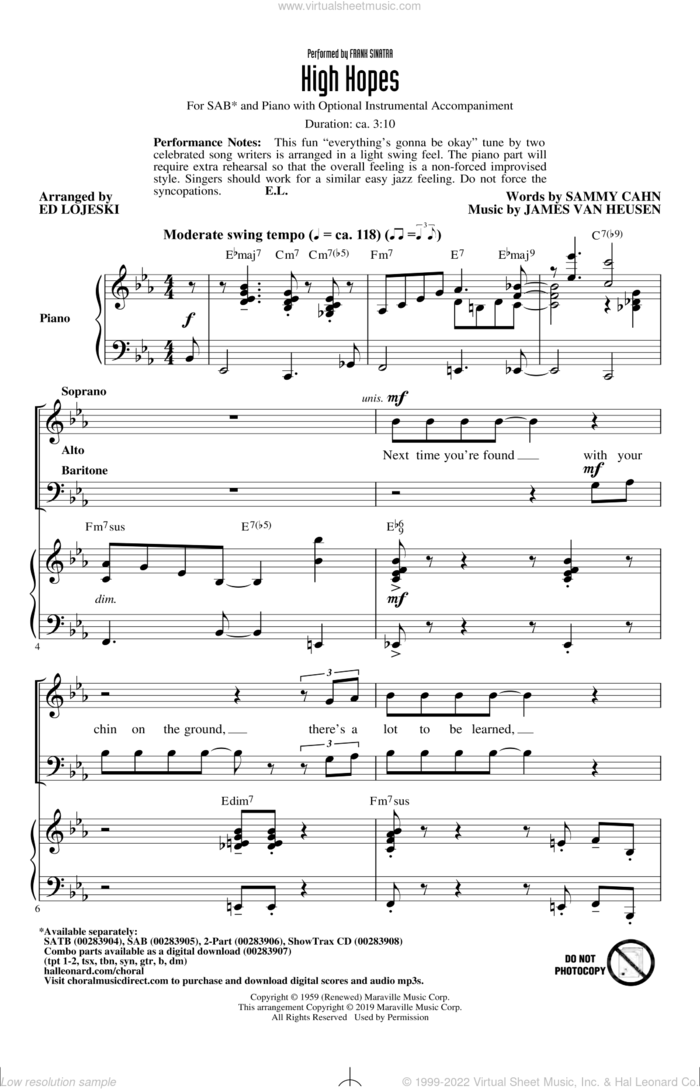 High Hopes (arr. Ed Lojeski) sheet music for choir (SAB: soprano, alto, bass) by Frank Sinatra, Ed Lojeski, Jimmy van Heusen and Sammy Cahn, intermediate skill level