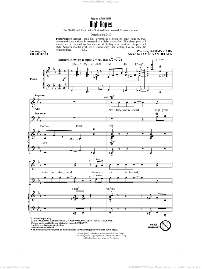 High Hopes (arr. Ed Lojeski) sheet music for choir (SAB: soprano, alto, bass) by Frank Sinatra, Ed Lojeski, Jimmy van Heusen and Sammy Cahn, intermediate skill level