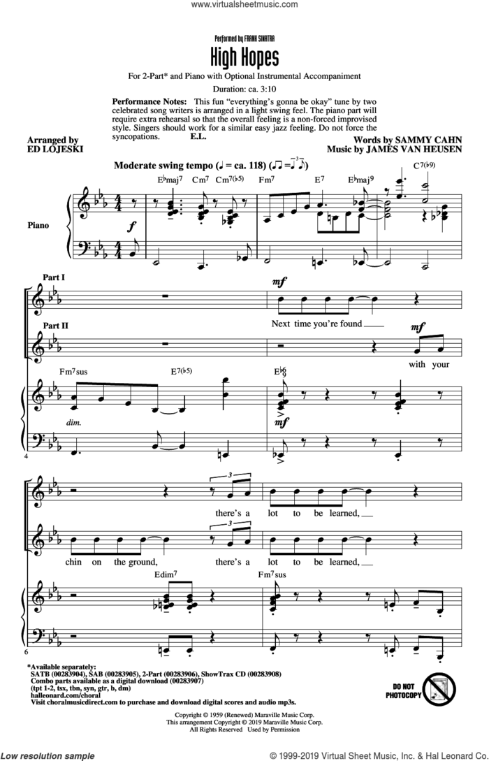 High Hopes (arr. Ed Lojeski) sheet music for choir (2-Part) by Frank Sinatra, Ed Lojeski, Jimmy van Heusen and Sammy Cahn, intermediate duet