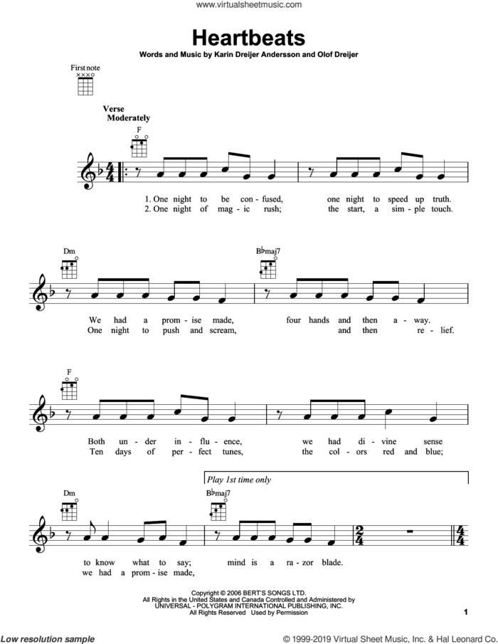 Heartbeats sheet music for ukulele by Jose Gonzalez, Karin Dreijer Andersson and Olof Bjorn Dreijer, intermediate skill level