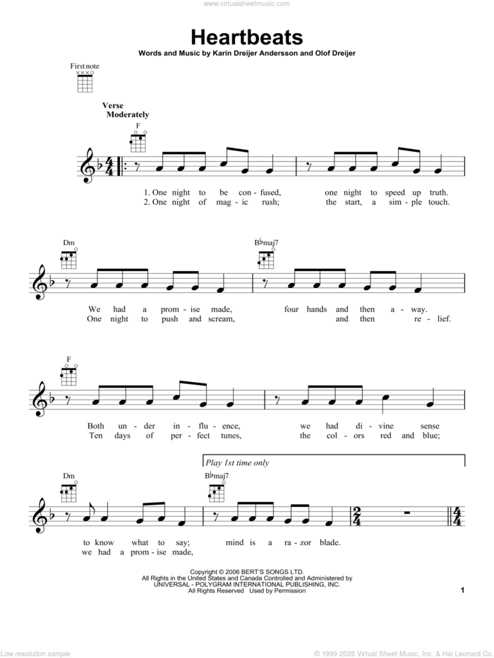 Heartbeats sheet music for ukulele by Jose Gonzalez, Karin Dreijer Andersson and Olof Bjorn Dreijer, intermediate skill level