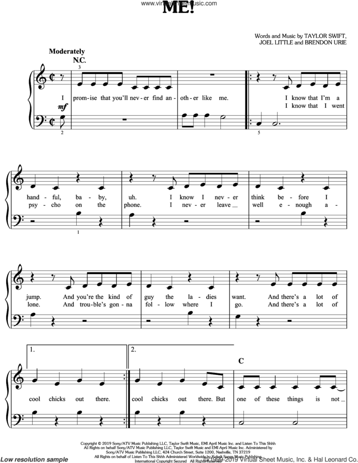 ME! (feat. Brendon Urie of Panic! At The Disco), (easy) sheet music for piano solo by Taylor Swift, Brendon Urie and Joel Little, easy skill level