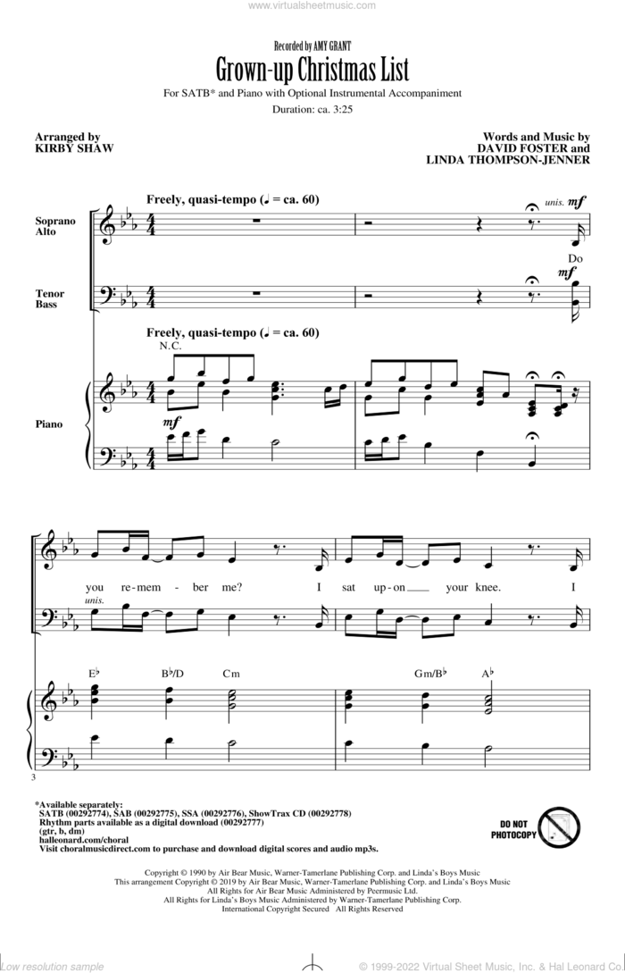 Grown-Up Christmas List (arr. Kirby Shaw) sheet music for choir (SATB: soprano, alto, tenor, bass) by Amy Grant, Kirby Shaw, David Foster and Linda Thompson-Jenner, intermediate skill level