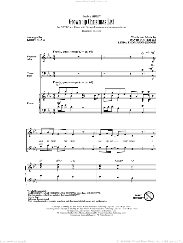 Grown-Up Christmas List (arr. Kirby Shaw) sheet music for choir (SATB: soprano, alto, tenor, bass) by Amy Grant, Kirby Shaw, David Foster and Linda Thompson-Jenner, intermediate skill level