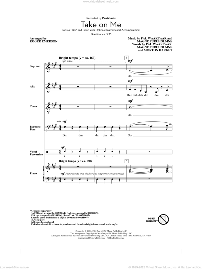 Take On Me (arr. Roger Emerson) sheet music for choir (SATBB) by Pentatonix, Roger Emerson, a-ha, Aha, Magne Furuholmne, Morton Harket and Pal Waaktaar, intermediate skill level