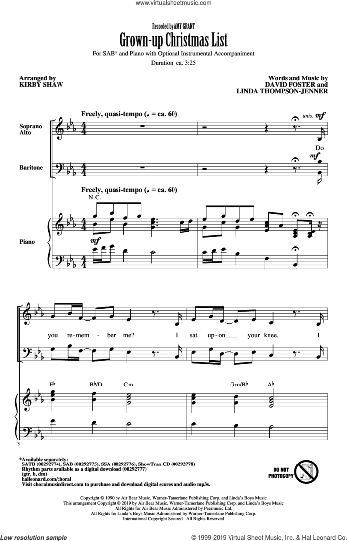 Grown-Up Christmas List (arr. Kirby Shaw) sheet music for choir (SAB: soprano, alto, bass) by Amy Grant, Kirby Shaw, David Foster and Linda Thompson-Jenner, intermediate skill level