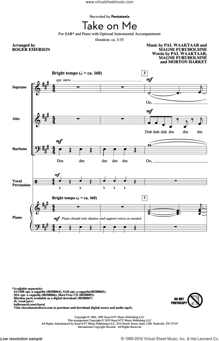 Take On Me (arr. Roger Emerson) sheet music for choir (SAB: soprano, alto, bass) by Pentatonix, Roger Emerson, a-ha, Aha, Magne Furuholmne, Morton Harket and Pal Waaktaar, intermediate skill level
