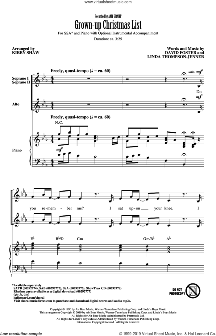 Grown-Up Christmas List (arr. Kirby Shaw) sheet music for choir (SSA: soprano, alto) by Amy Grant, Kirby Shaw, David Foster and Linda Thompson-Jenner, intermediate skill level