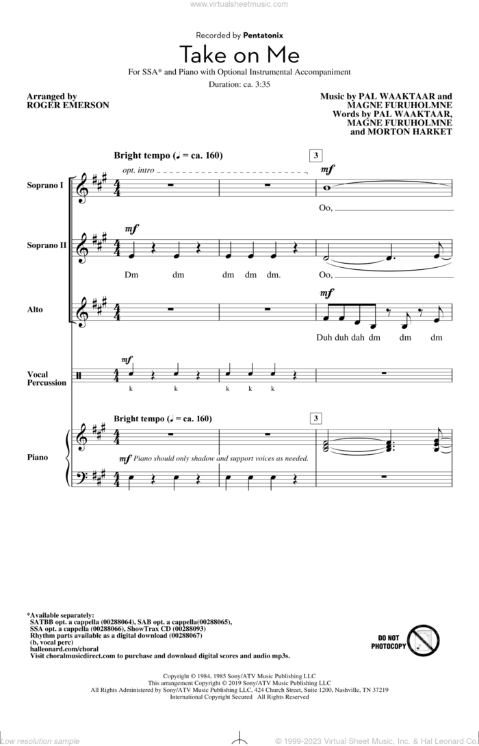 Take On Me (arr. Roger Emerson) sheet music for choir (SSA: soprano, alto) by Pentatonix, Roger Emerson, a-ha, Aha, Magne Furuholmne, Morton Harket and Pal Waaktaar, intermediate skill level