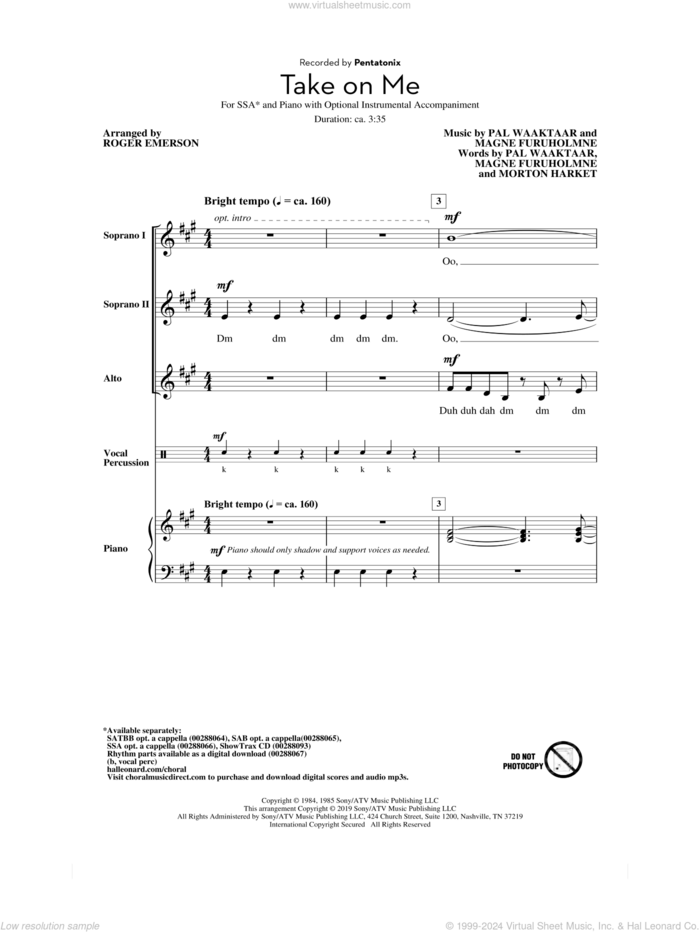 Take On Me (arr. Roger Emerson) sheet music for choir (SSA: soprano, alto) by Pentatonix, Roger Emerson, a-ha, Aha, Magne Furuholmne, Morton Harket and Pal Waaktaar, intermediate skill level