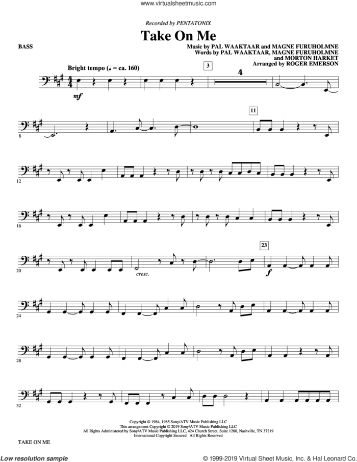 Take on Me (arr. Roger Emerson) (complete set of parts) sheet music for orchestra/band by Roger Emerson, a-ha, Aha, Magne Furuholmne, Morton Harket, Pal Waaktaar and Pentatonix, intermediate skill level