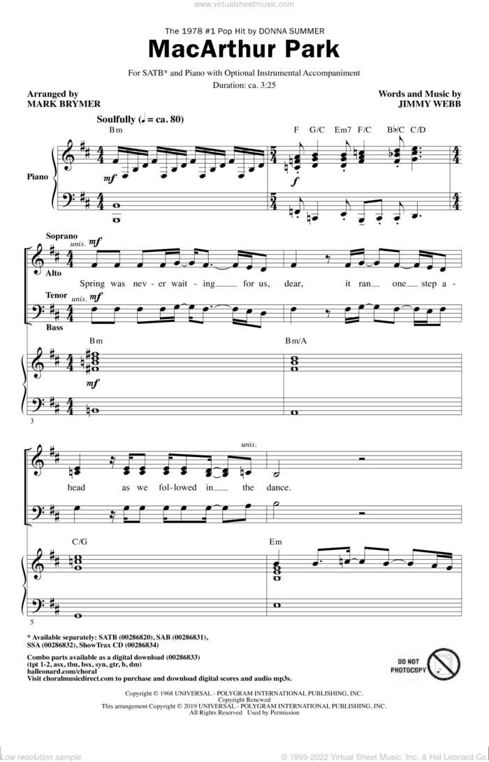MacArthur Park (arr. Mark Brymer) sheet music for choir (SATB: soprano, alto, tenor, bass) by Donna Summer, Mark Brymer, Richard Harris and Jimmy Webb, intermediate skill level