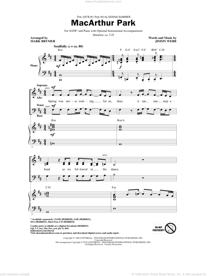 MacArthur Park (arr. Mark Brymer) sheet music for choir (SATB: soprano, alto, tenor, bass) by Donna Summer, Mark Brymer, Richard Harris and Jimmy Webb, intermediate skill level