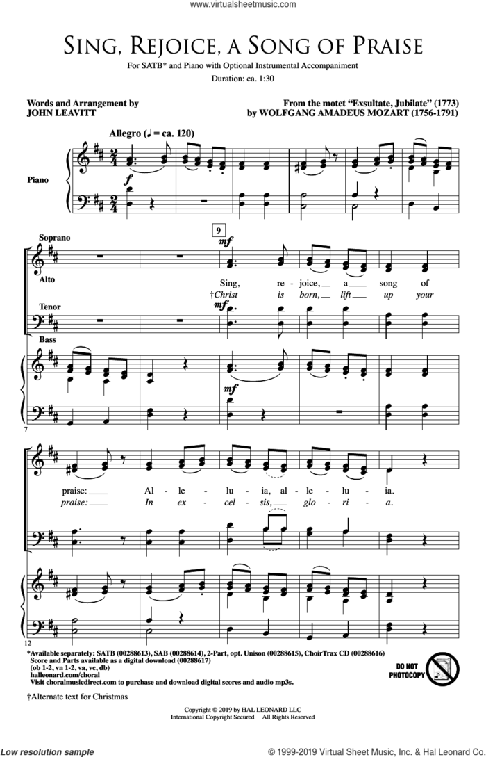 Sing, Rejoice A Song Of Praise (arr. John Leavitt) sheet music for choir (SATB: soprano, alto, tenor, bass) by Wolfgang Amadeus Mozart and John Leavitt, classical score, intermediate skill level