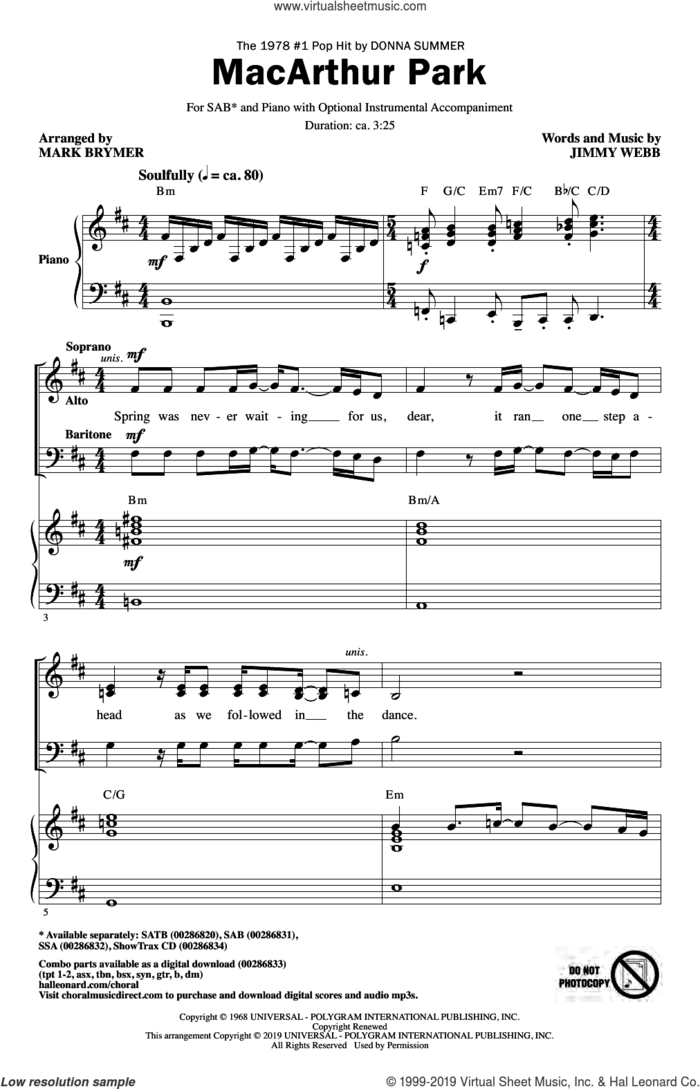 MacArthur Park (arr. Mark Brymer) sheet music for choir (SAB: soprano, alto, bass) by Donna Summer, Mark Brymer, Richard Harris and Jimmy Webb, intermediate skill level