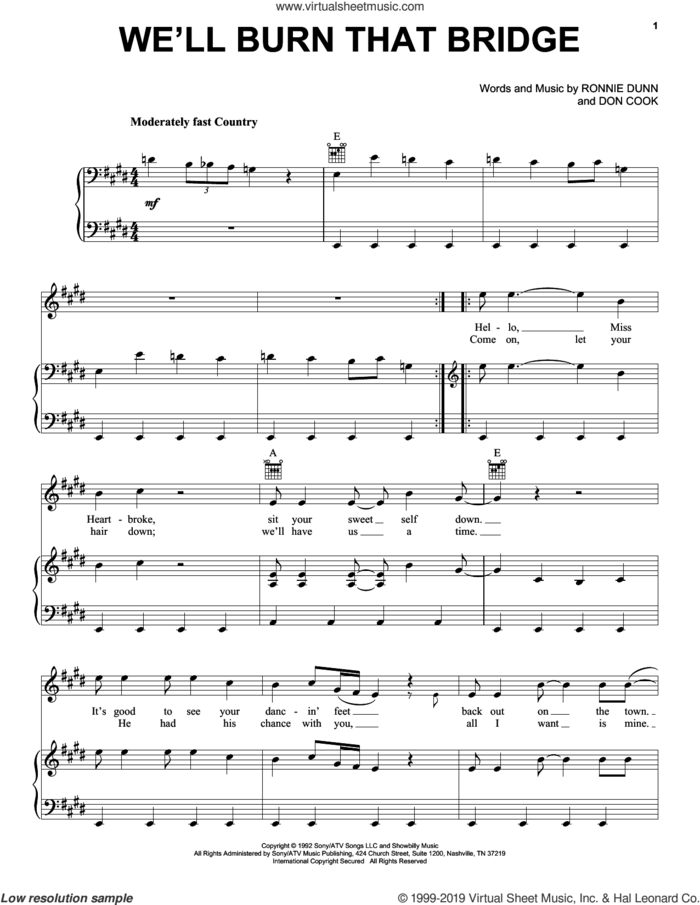 We'll Burn That Bridge sheet music for voice, piano or guitar by Brooks & Dunn, Don Cook and Ronnie Dunn, intermediate skill level