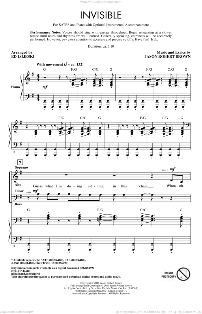 Invisible (arr. Ed Lojeski) sheet music for choir (SATB: soprano, alto, tenor, bass) by Jason Robert Brown and Ed Lojeski, intermediate skill level