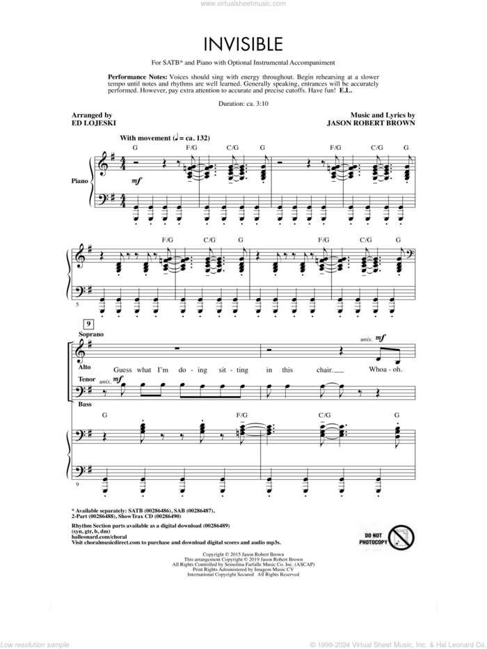 Invisible (arr. Ed Lojeski) sheet music for choir (SATB: soprano, alto, tenor, bass) by Jason Robert Brown and Ed Lojeski, intermediate skill level