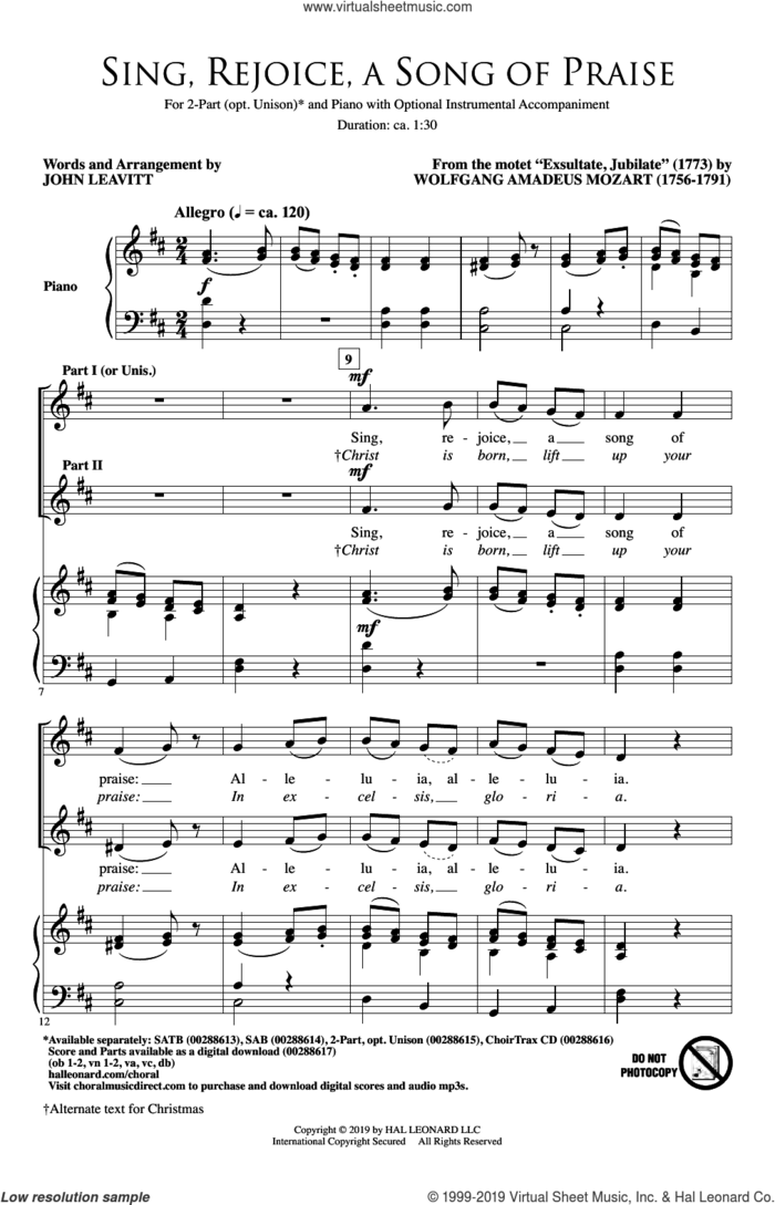 Sing, Rejoice A Song Of Praise (arr. John Leavitt) sheet music for choir (2-Part) by Wolfgang Amadeus Mozart and John Leavitt, classical score, intermediate duet