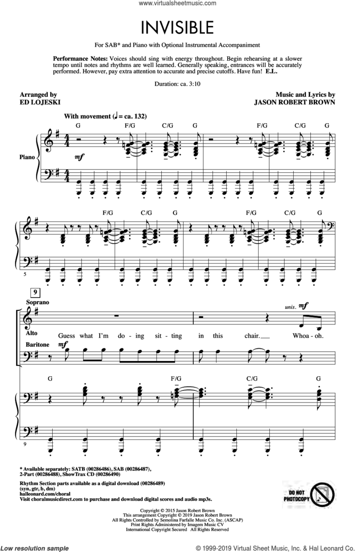 Invisible (arr. Ed Lojeski) sheet music for choir (SAB: soprano, alto, bass) by Jason Robert Brown and Ed Lojeski, intermediate skill level