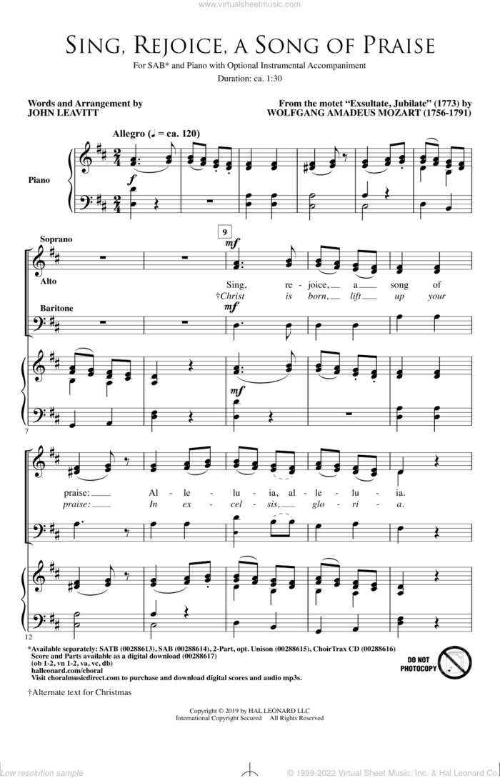 Sing, Rejoice A Song Of Praise (arr. John Leavitt) sheet music for choir (SAB: soprano, alto, bass) by Wolfgang Amadeus Mozart and John Leavitt, classical score, intermediate skill level