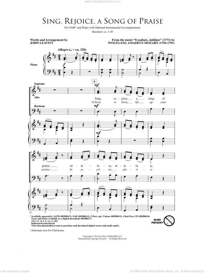 Sing, Rejoice A Song Of Praise (arr. John Leavitt) sheet music for choir (SAB: soprano, alto, bass) by Wolfgang Amadeus Mozart and John Leavitt, classical score, intermediate skill level