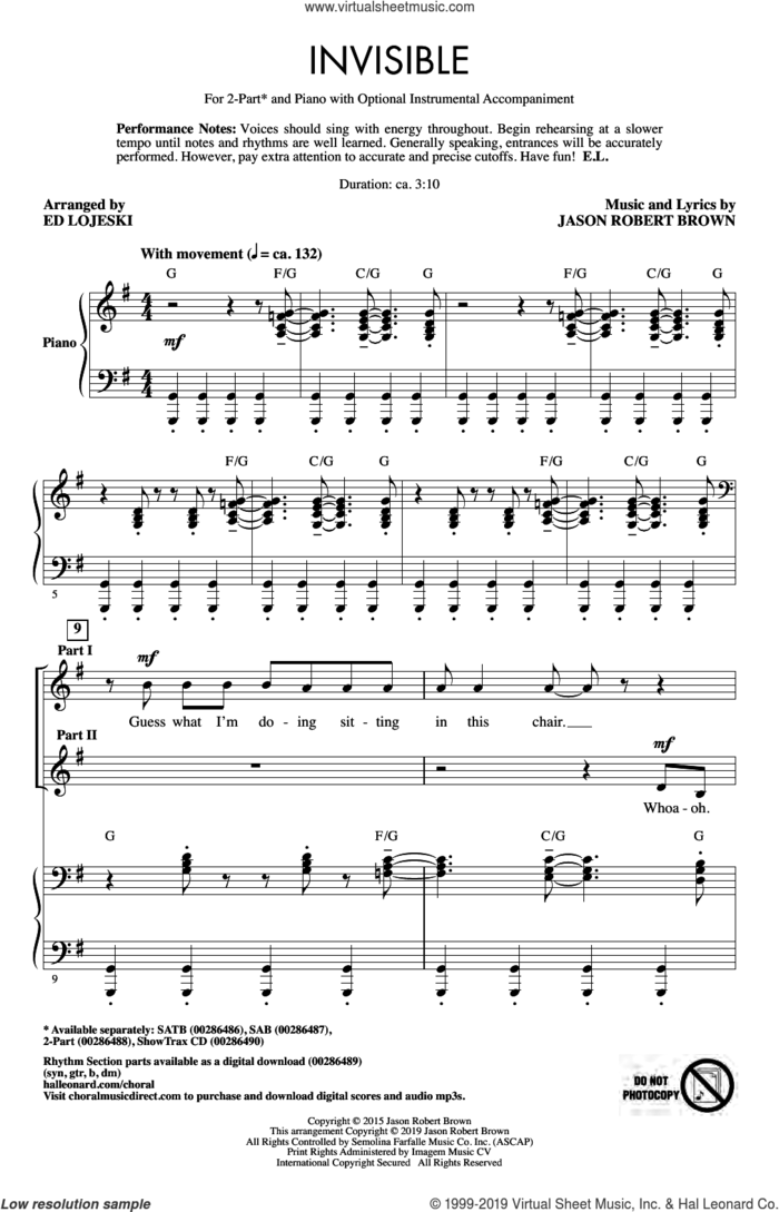 Invisible (arr. Ed Lojeski) sheet music for choir (2-Part) by Jason Robert Brown and Ed Lojeski, intermediate duet