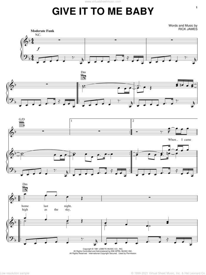 Give It To Me Baby sheet music for voice, piano or guitar by Rick James, intermediate skill level